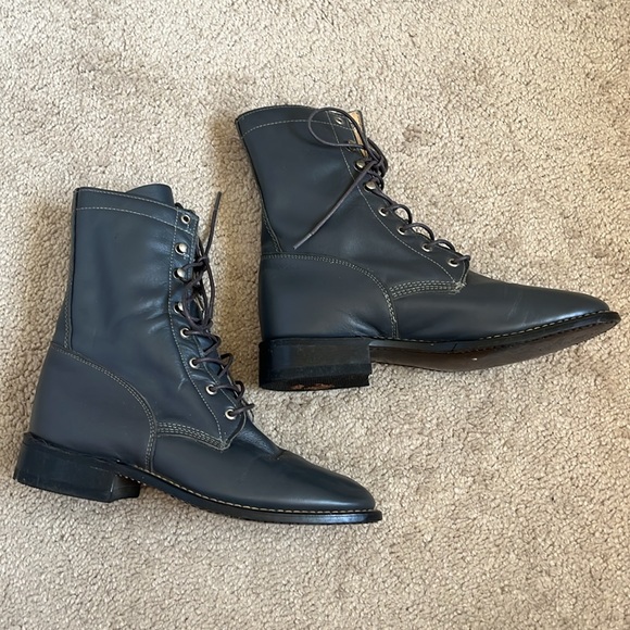 Beautiful Vintage Grey Gray Mid Calf Laceup Leather Doc Style Moto Riding Boots - Picture 4 of 11